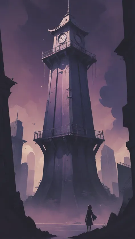 anime,vintage speedpaint, watchtower in a abandoned,mysterious reflective color:violet fantasy megacity outside of the multiverse, masterpiece<lora:EnvyStarlightVintageSpeedpaint01:1>