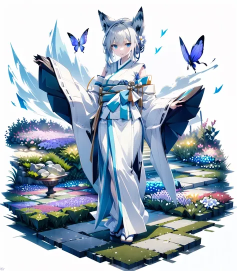 [(white background:1.5)::5], (bottle bottom:0.9),(mid shot),1girl, animal_ears, fox_ears,full body, solo,long hair, wide_sleeves, blue_eyes,nice_hand,kimono,(Kimono hem),wide hips,
butterflies, (flowers:1.6),(floating petal),stone fragment, beautiful detailed water,(garden:1.7),(cloud:1.2),(sun),(dusk),sunset, <lora:Gacha Splash fantasy:1>