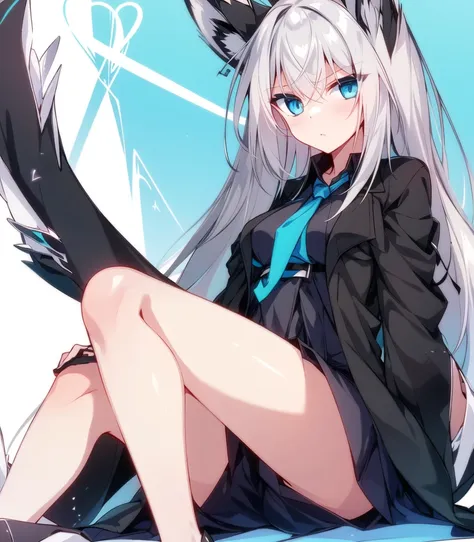 1girl, animal_ears, fox_ears, solo,long hair, blue_eyes,Black clothes,Blue tie,dress,( jacket:1.2), Bare leg