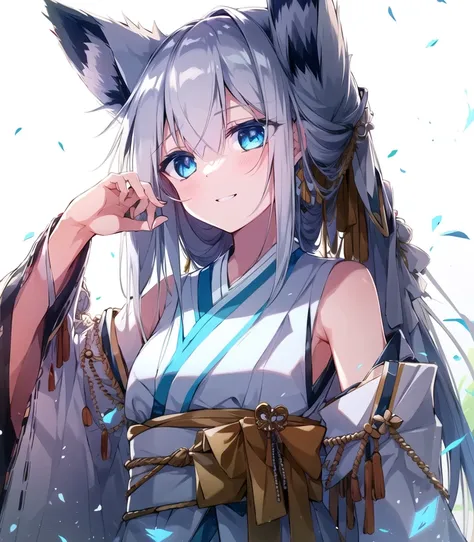 1girl, animal_ears, fox_ears, solo,long hair, wide_sleeves, blue_eyes,nice_hand,kimono,(Kimono hem),detached sleeves