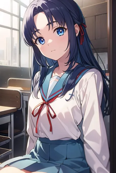 ryoukoasakura, <lyco:ryoukoasakura-LYCORIStest:1>,
ryouko asakura, blue hair, blue eyes, long hair,
BREAK blue sailor collar, blue skirt, brown footwear, collarbone, kita high school uniform, loafers, long sleeves, red ribbon, ribbon, sailor collar, school uniform, shirt, shoes, skirt, socks, white shirt, white socks, winter uniform,
BREAK looking at viewer,
BREAK indoors, classroom,
BREAK <lora:GoodHands-vanilla:1>, (masterpiece:1.2), best quality, high resolution, unity 8k wallpaper, (illustration:0.8), (beautiful detailed eyes:1.6), extremely detailed face, perfect lighting, extremely detailed CG, (perfect hands, perfect anatomy),
