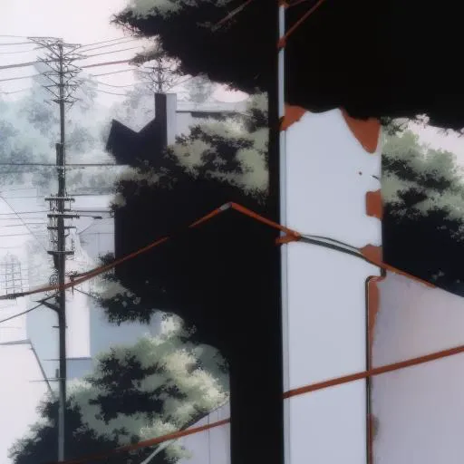 <lora:lain anime style-000001:1> lain anime style, outdoors, sky, tree, no_humans, scenery, road, power_lines, utility_pole, red, fisheye lens, no humans,