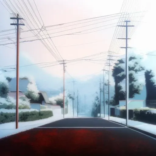 <lora:lain anime style-000001:1> lain anime style, outdoors, sky, tree, no_humans, scenery, road, power_lines, utility_pole, red