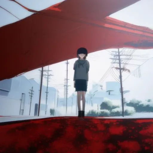 <lora:lain anime style-000001:1> lain anime style, outdoors, sky, tree, no_humans, scenery, road, power_lines, utility_pole, red, fisheye lens, fisheye