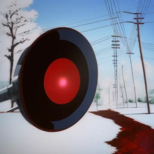 <lora:lain anime style-000001:1> lain anime style, outdoors, sky, tree, no_humans, scenery, road, power_lines, utility_pole, red, fisheye lens, fisheye, no humans,