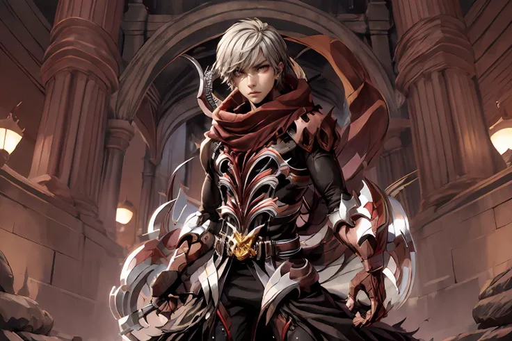 (masterpiece, best quality:1.2), absurdres, intricate detail, highres, 1boy, solo, black hair, red eyes, fierce, red scarf, ragnarok_gx <lora:ragnarok_gx-10:1>, cowboy shot, looking away, arabian architecture background, menacing aura, dark_aura, <lora:add_detail:0.8>