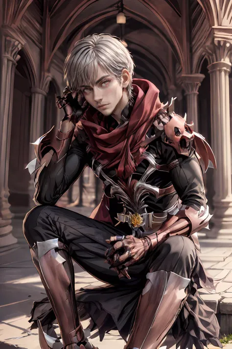 (masterpiece, best quality:1.2), absurdres, intricate detail, realistic, photorealistic, 4k, highres, 1boy,  silver hair,  black eyes, fierce, red scarf, ragnarok_gx  <lora:ragnarok_gx-10:1>, medium shot,  looking at viewer, sitting, arabian architecture background, dynamic colors,  <lora:add_detail:0.8>