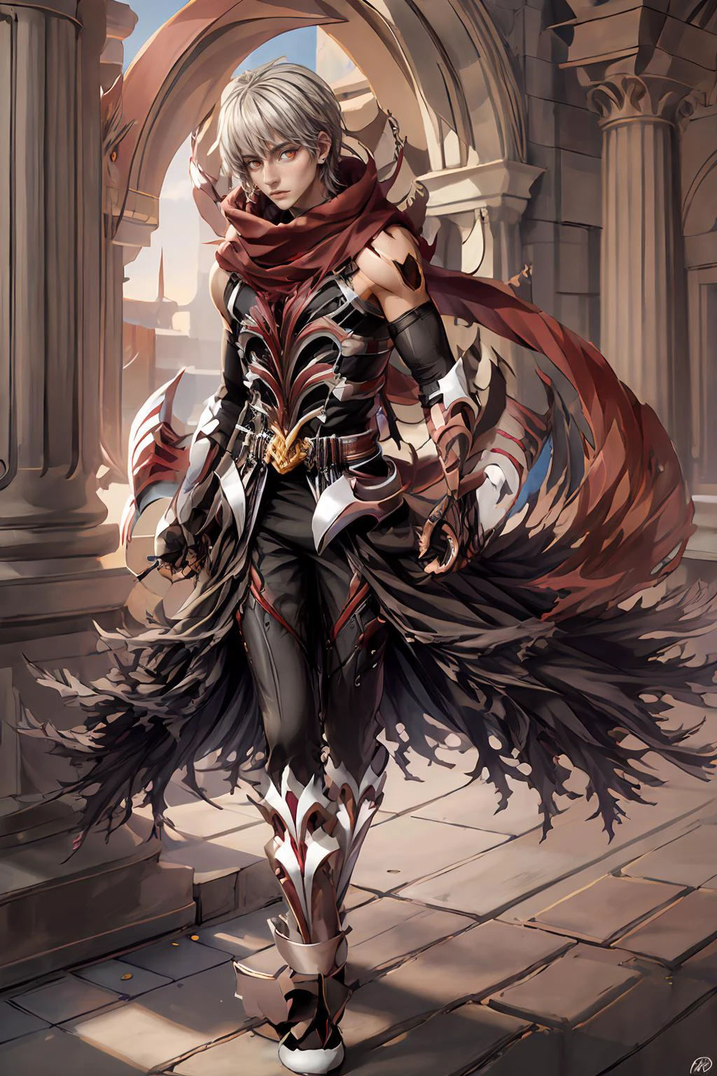 (masterpiece, best quality:1.2), absurdres, intricate detail, realistic, photorealistic, 4k, highres, 1boy,  silver hair,  orange eyes, red scarf, ragnarok_gx  <lora:ragnarok_gx-10:1>, full body,  looking at viewer,  arabian architecture background, dynamic colors,  <lora:add_detail:0.8>