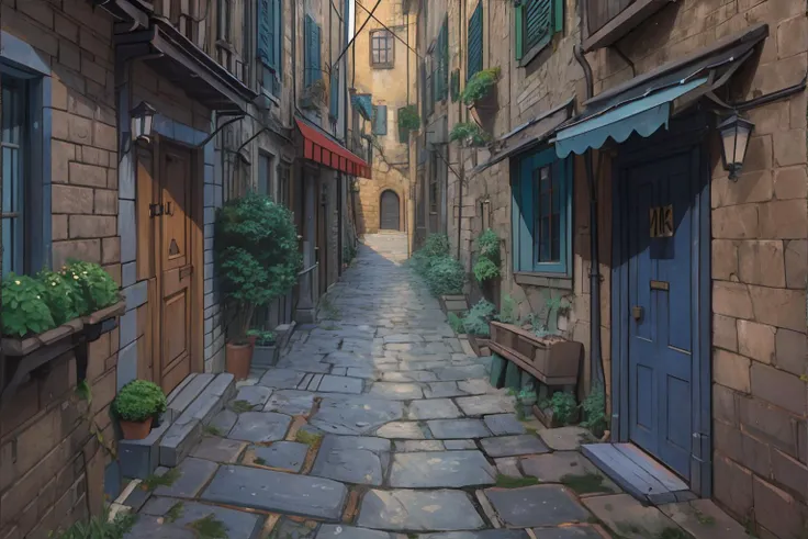 <lora:giorgiocavazzano:0.7>, CavazzanoComics, quiet alleyway, cobblestones, quaint shops, hidden gem, <clip:skip:2>, masterpiece, 8k, high resolution, shallow depth of field, sharp focus