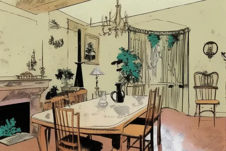 CavazzanoComics a TV in a dining room <lora:CavazzanoStyle:0.6>