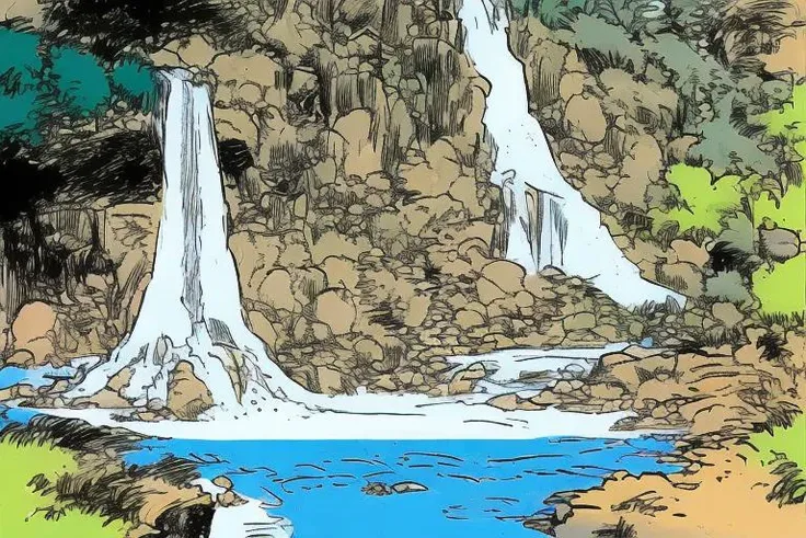 CavazzanoComics waterfall, late at night, black sky <lora:CavazzanoStyle:0.6>