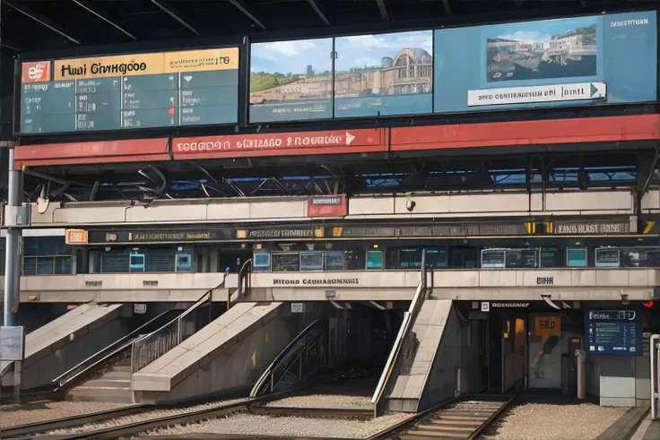 <lora:giorgiocavazzano:0.7>, CavazzanoComics, train station, bustling platform, departure boards, travel hub, <clip:skip:2>, masterpiece, 8k, high resolution, shallow depth of field, sharp focus
