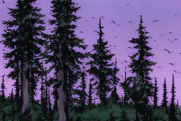 CavazzanoComics pine trees, forest late at (night:1.4), purple sky <lora:CavazzanoStyle2:0.7>