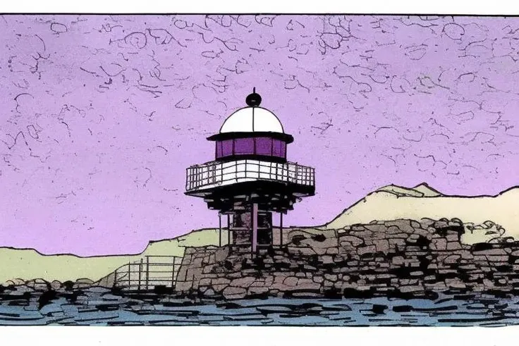 CavazzanoComics lighthouse, late at (night:1.4), purple sky <lora:CavazzanoStyle2:0.6>