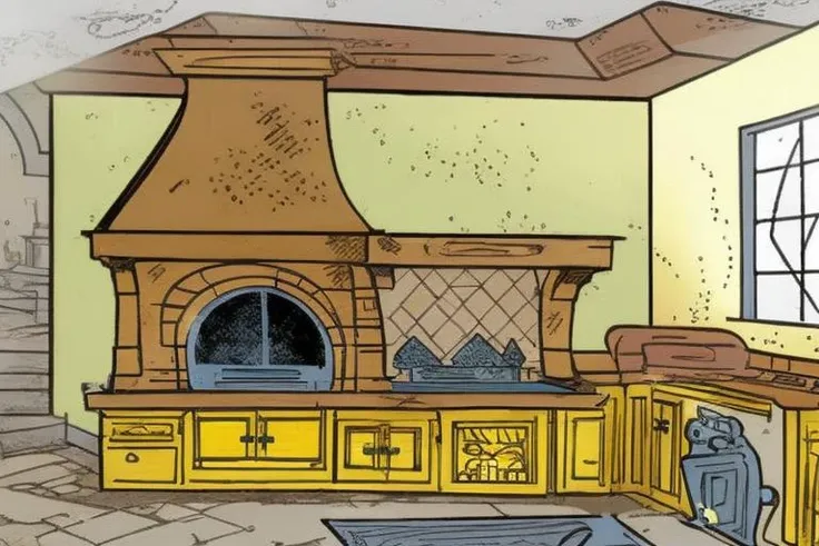 CavazzanoStyle a (fireplace:1.2) in the kitchen of a castle <lora:CavazzanoStyle2:0.7>