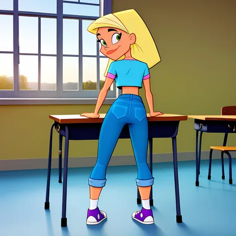 Disney quality , HD, real, sharp, high quality, realtoon, real photo,
1girl, solo, full body, blonde hair, skinny, small breasts, tan, medium hair, 
classroom background, sun, indoors, window, tile floor, desk, chair, 
light blue crop top, cropped skinny jeans, white socks, purple converse, crew neck, short sleeves, 
cute smile, standing, one knee on desk, looking back, facing away, 
<lora:Braceface:0.7> Braceface zPDXL2