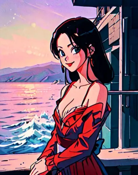 masterpiece,extremely detailed CG unity 8k wallpaper, best quality,32k,focus sharp, boa hancock, close up shot, upper body, from side, looking at viewer, leaning on table, ocean in background, railing, elegant red dress, light smile, small cleavage, 90s vibes,  <lora:90s_Vibe:0.6>,  <lora:boa_hancock_v1:0.7>,