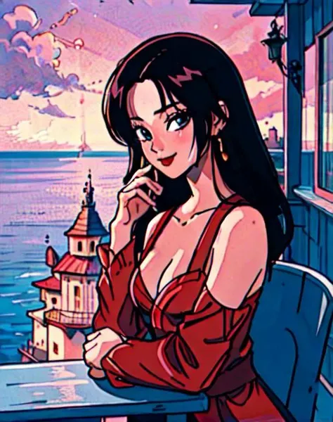 masterpiece,extremely detailed CG unity 8k wallpaper, best quality,32k,focus sharp, boa hancock, close up shot, upper body, from side, looking at viewer, leaning on table, ocean in background, railing, elegant red dress, light smile, small cleavage, 90s vibes,  <lora:90s_Vibe:0.6>,  <lora:boa_hancock_v1:0.7>,