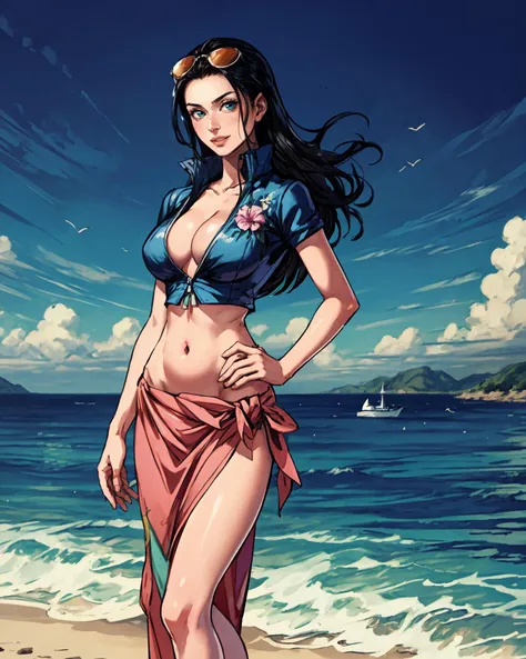 masterpiece, (photorealistic:1.5), best quality, beautiful lighting, real life, nico robin, 1girl, aqua eyes, black hair, cleavage, collared jacket, cowboy shot, crop top, cropped jacket, eyewear on head, hair slicked back, high collar, large breasts, long hair, looking at viewer, midriff, navel, plunging neckline, pose, sarong, short sleeves, smile, solo, standing, stomach, sunglasses, very long hair, flower drawing on jacket, ((sea)), (full_body), <lora:add_detail:1> <lora:nico_robin_post_timeskip_offset:0.8>