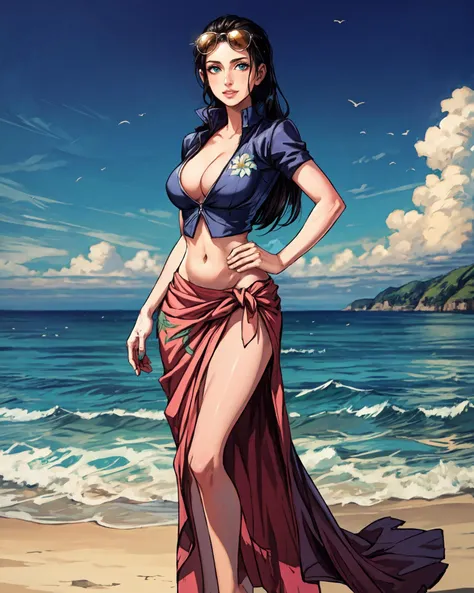 masterpiece, (photorealistic:1.5), best quality, beautiful lighting, real life, nico robin, 1girl, aqua eyes, black hair, cleavage, collared jacket, cowboy shot, crop top, cropped jacket, eyewear on head, hair slicked back, high collar, large breasts, long hair, looking at viewer, midriff, navel, plunging neckline, pose, sarong, short sleeves, smile, solo, standing, stomach, sunglasses, very long hair, flower drawing on jacket, ((sea)), (full_body), <lora:add_detail:1> <lora:nico_robin_post_timeskip_offset:0.8>