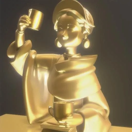 old woman,solo,1girl,earrings, ,masterpiece,holding cup, <lora:getaigolden:1> getaigolden,colored skin,detailed golden artstyle