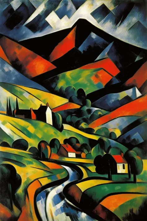 <lora:Maurice de Vlaminck Style:1>Maurice de Vlaminck Style - 102454. A painting by Pablo Picasso. A painting of stormy skies over the Cairngorms highlights the rugged atmosphere and striking profile of this Scottish mountain range through a captivating fusion of Cubist and Fauvist styles. The dark clouds and driving rain create a vivid sense of movement and energy, engulfing the vast plateaus, rocky peaks, and windswept valleys in fractured shapes and striking colors. The scene conveys a sense of wild beauty and the untamed majesty of the Cairngorms beneath a stormy sky.