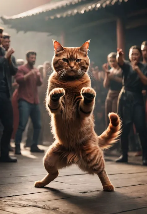orange/black fluffy cat ninja,drunken fist,fight stance,high kick,split,infront of Dog crowd, very detailed,atmospheric haze,Film grain,cinematic film still,shallow depth of field,highly detailed,high budget,cinemascope,moody,epic,OverallDetail,gorgeous,2000s vintage RAW photo,photorealistic,candid camera,color graded cinematic,eye catchlights,atmospheric lighting,skin pores,imperfections,natural,shallow dofintricate,elegant,fantasy art,portrait,dark,retro,ecstatic,plain,powerful,realistic,profoundly red dark color,, (masterpiece, best quality, high quality, highres, ultra-detailed),