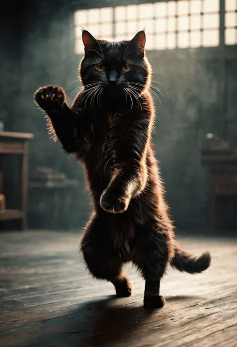 orange/black fluffy cat ninja,(drunken fist:1.2),(fight stance:1.2),(high kick:1.2),(flying_kick:1.2),split,very detailed,atmospheric haze,Film grain,cinematic film still,shallow depth of field,highly detailed,high budget,cinemascope,moody,epic,OverallDetail,gorgeous,2000s vintage RAW photo,photorealistic,candid camera,color graded cinematic,eye catchlights,atmospheric lighting,skin pores,imperfections,natural,shallow dofintricate,elegant,fantasy art,dark,retro,ecstatic,plain,powerful,realistic,profoundly red dark color,, (masterpiece, best quality, high quality, highres, ultra-detailed),