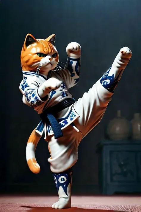 <lora:PAseer-SDXL-BWPorcelain:0.8>,blue and white porcelain,orange/black fluffy cat ninja,drunken fist,fight stance,high kick,<lora:drunken-fist03:0.8>,split,very detailed,atmospheric haze,Film grain,cinematic film still,shallow depth of field,highly detailed,high budget,cinemascope,moody,, (masterpiece, best quality, high quality, highres, ultra-detailed),