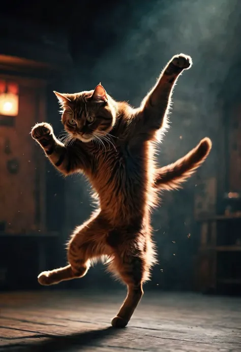 orange/black fluffy cat ninja,(drunken fist:1.2),(fight stance:1.2),(high kick:1.2),(flying_kick:1.2),split,infront of Dog,very detailed,atmospheric haze,Film grain,cinematic film still,shallow depth of field,highly detailed,high budget,cinemascope,moody,epic,OverallDetail,gorgeous,2000s vintage RAW photo,photorealistic,candid camera,color graded cinematic,eye catchlights,atmospheric lighting,skin pores,imperfections,natural,shallow dofintricate,elegant,fantasy art,dark,retro,ecstatic,plain,powerful,realistic,profoundly red dark color,, (masterpiece, best quality, high quality, highres, ultra-detailed),