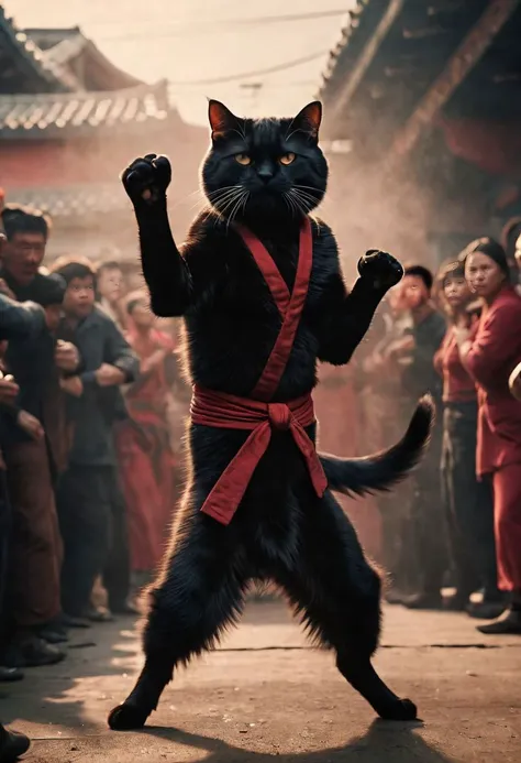orange/black fluffy cat ninja, drunken fist, fight stance, high kick, split, infront of Dog crowd, very detailed, atmospheric haze, Film grain, cinematic film still, shallow depth of field, highly detailed, high budget, cinemascope, moody, epic, OverallDetail, gorgeous, 2000s vintage RAW photo, photorealistic, candid camera, color graded cinematic, eye catchlights, atmospheric lighting, skin pores, imperfections, natural, shallow dofintricate, elegant, fantasy art, portrait, dark, retro, ecstatic, plain, powerful, realistic, profoundly red dark color