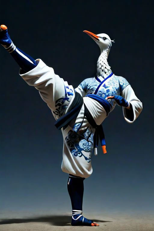 <lora:PAseer-SDXL-BWPorcelain:0.8>,blue and white porcelain,orange/black fluffy crane \(animal\), ninja,drunken fist,fight stance,high kick,<lora:drunken-fist03:0.8>,split,very detailed,atmospheric haze,Film grain,cinematic film still,shallow depth of field,highly detailed,high budget,cinemascope,moody,, (masterpiece, best quality, high quality, highres, ultra-detailed),