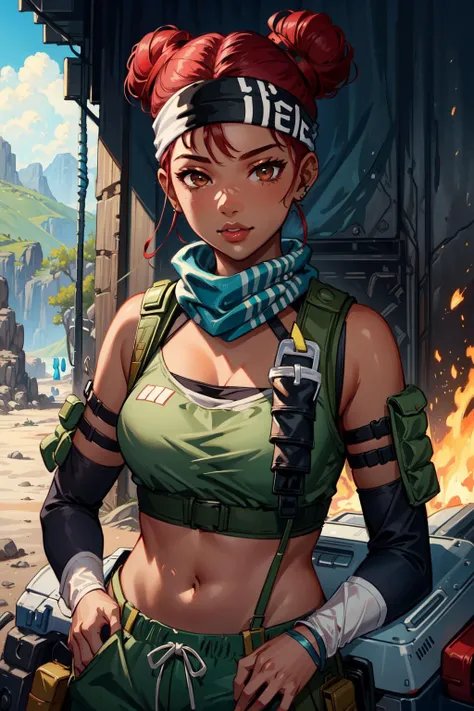 (Masterpiece:1.4), (best quality:1.2), <lora:Apex_Legends_Lifeline-000011:0.8>, lifeline \(apex legends\), 1girl, dark-skinned female, dark-skin, crop top, detached sleeves, headband, pants, hair bun, mask around neck, red hair, upper body