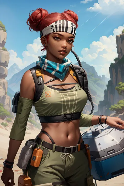 (Masterpiece:1.4), (best quality:1.2), <lora:Apex_Legends_Lifeline-000011:1>, lifeline \(apex legends\), 1girl, dark-skinned female, crop top, detached sleeves, headband, pants, hair bun, mask around neck, red hair, upper body