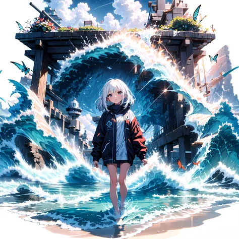 [(white background:1.5),::5] (isometric:1.0), 1girl, mid shot, full body, ocean, sea waves, water splashes, sky, light particles, butterflies, night, starry sky  <lora:gachaSplashLORA_v40:1>