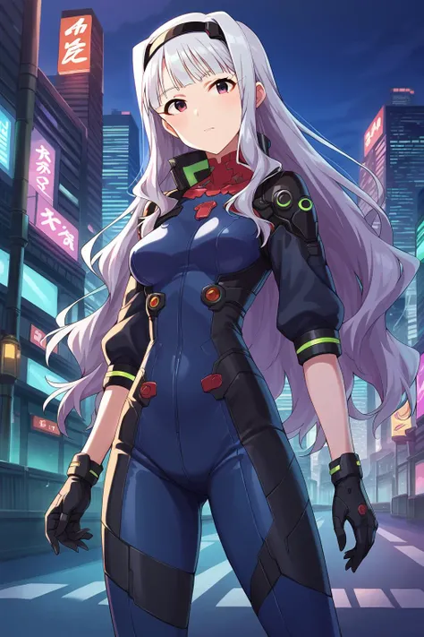 score_9, score_8,  aatakane, solo, long hair, hairband, <lora:shijou_takane_XL_v1:0.8>, cyberpunk, bodysuit, gloves, standing, cowboy shot, city, night