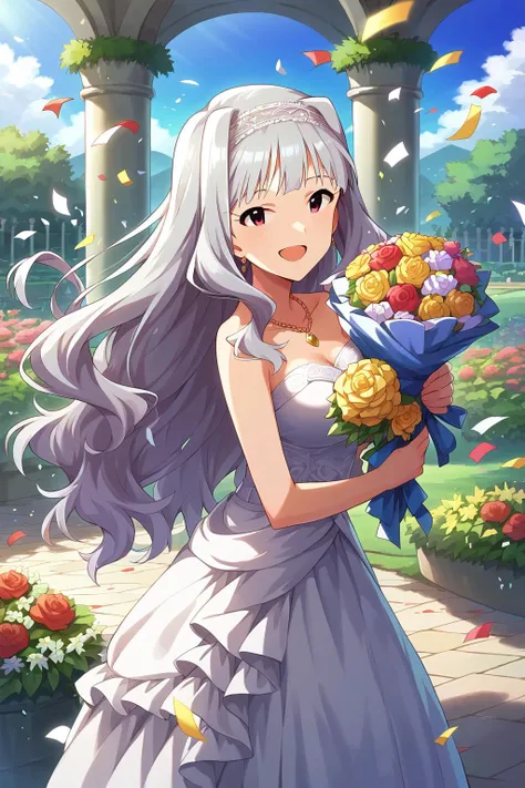 score_9, score_8, aatakane, solo, long hair, hairband, <lora:shijou_takane_XL_v1:0.8>, wedding dress, strapless, necklace, white dress, garden, standing, cowboy shot, holding bouquet, open mouth, smile, confetti,