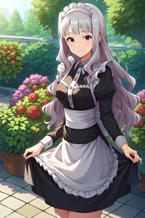 score_9, score_8,  aatakane, solo, long hair, hairband, medium breasts, <lora:shijou_takane_XL_v1:0.8>, maid, maid headdress, apron, black dress, skirt hold, smile, garden, standing,