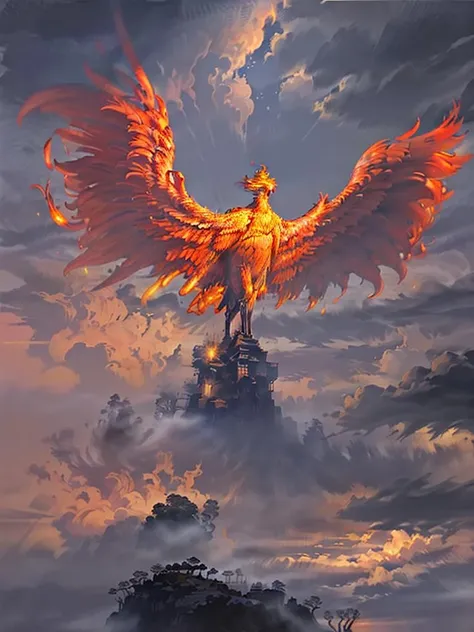 masterpiece,high quality,<lora:Cmyth_v1.0:0.7> Cmyth,Chinese phoenix,cloud,scenery,outdoors,tree,sky,nature,forest,cloudy sky,