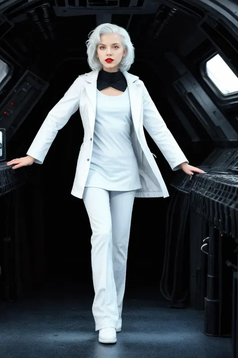 <lora:ZBR:1> woman, full body, highly detailed, organic alien ship interior, red light, white hair, wearing a white coat, red lips, pants