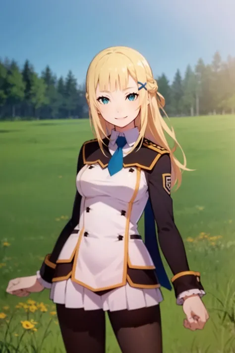 masterpiece, best quality, 1girl, feene, blonde hair, long hair, hairclip, blue eyes, smile, black pantyhose, half updo, necktie, skirt, uniform, upper body, looking at viewer, outdoors, grass, blue sky, meadow background <lora:FeeneGlass:0.9>