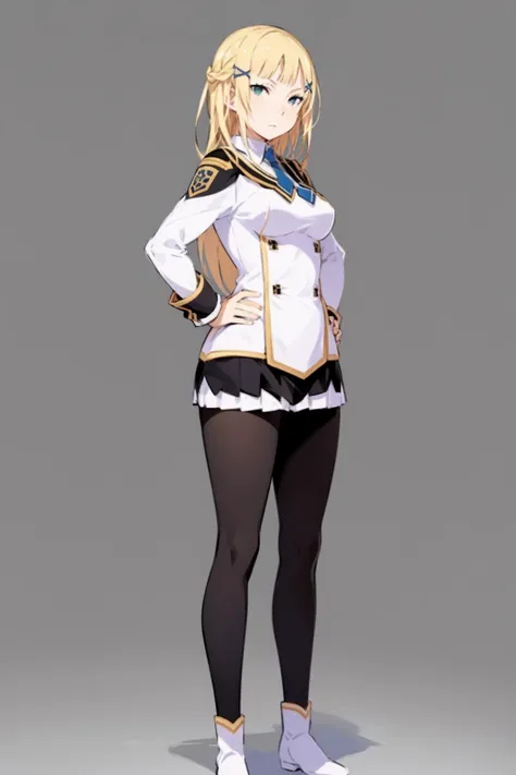 masterpiece, best quality, 1girl, feene, blonde hair, long hair, hairclip, blue eyes, black pantyhose, half updo, necktie, skirt, uniform, white boots, hands on hips, full body, looking at viewer, solo, simple background <lora:FeeneGlass:1>