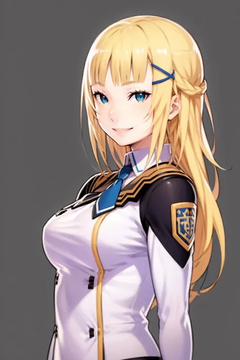 masterpiece, best quality, 1girl, feene, blonde hair, long hair, hairclip, blue eyes, bnecktie, uniform, upper body, looking at viewer, smile, solo, simple background <lora:FeeneGlass:1>