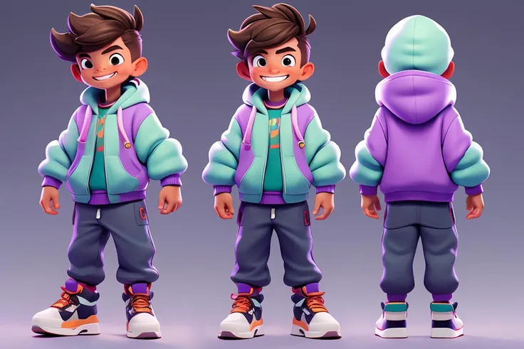 Rear view, front view, multi-view,  concept art,<lora:Two views:0.2>,European and American cartoons, original character design, hand-drawn drafts, 1boy, solo, grey_pants, male_focus, hood, hoodie, smile, shoes, pants, brown_hair, full_body, thumbs_up, sneakers, blue_hoodie, purple_footwear, standing, hood_down, short_hair, clenched_hand, long_sleeves, grin <lora:Animated characters:0.4>,<lora:GoodHands-vanilla:1>,