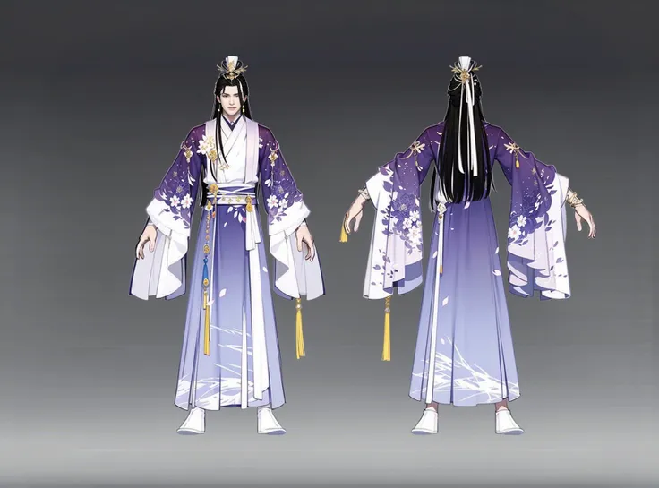 Rear view, front view, multi-view, game character, East Asian character design, exquisite accessories, exquisite patterns, long_hair, chinese_clothes, hair_ornament, hair_stick, long_sleeves, hanfu, multiple_views, gradient, concept_art, gradient_background, wide_sleeves, standing, jewelry, full_body, 1boy, grey_background, outstretched_arms, male_focus, white_footwear, floral_print, looking_at_viewer, 1girl, earrings<lora:Two views:1>