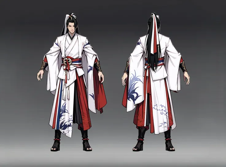 Rear view, front view, multi-view, game characters, East Asian character design, fine accessories, fine patterns, Japanese clothing, gradient gradient background, multi-view, long hair, 1boy, gray background, standing, ponytail, wide sleeves, concept art<lora:Two views:1>