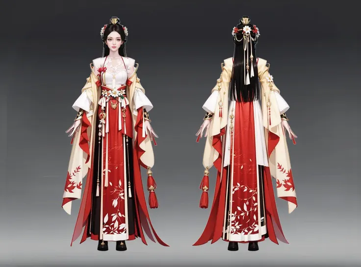 Rear view, front view, multi-view, game character, East Asian character design, exquisite accessories, exquisite patterns, 1girl, long_hair, hair_ornament, chinese_clothes, dress, long_sleeves, gradient, hanfu, multiple_views, gradient_background, grey_background, full_body, standing, concept_art, jewelry, hair_flower<lora:Two views:1>