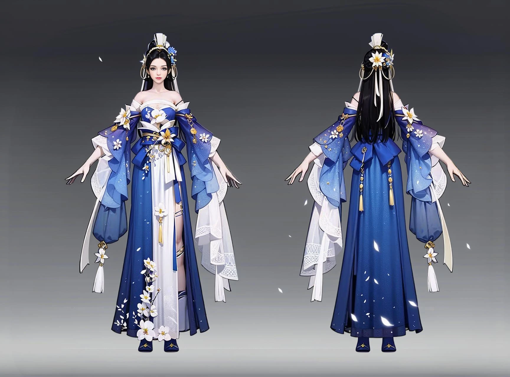 Rear view, front view, multi-view, game character, East Asian character design, exquisite accessories, exquisite patterns, 1girl, long_hair, hair_ornament, dress, flower, hair_flower, gradient_background, multiple_views, gradient, full_body, jewelry, grey_background, chinese_clothes, blue_dress, standing<lora:Two views:1>