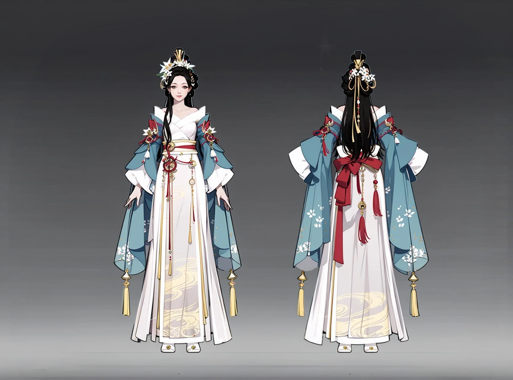 Rear view, front view, multi-view, game character, East Asian character design, exquisite accessories, exquisite patterns, 1girl, long_hair, hair_ornament, chinese_clothes, dress, long_sleeves, gradient, hanfu, multiple_views, gradient_background, grey_background, full_body, standing, concept_art, jewelry, hair_flower<lora:Two views:1>