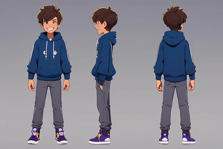 Rear view, front view, multi-view,  concept art,<lora:Two views:0.4>,European and American cartoons, original character design, hand-drawn drafts, 1boy, solo, grey_pants, male_focus, hood, hoodie, smile, shoes, pants, brown_hair, full_body, thumbs_up, sneakers, blue_hoodie, purple_footwear, standing, hood_down, short_hair, clenched_hand, long_sleeves, grin <lora:Animated characters:0.4>,<lora:GoodHands-vanilla:1>,